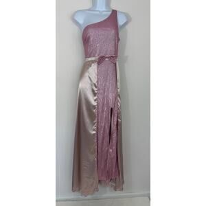 Faeriesty Pink Glitter One-Shoulder Satin Maxi Gown | Size S | New Without Tags